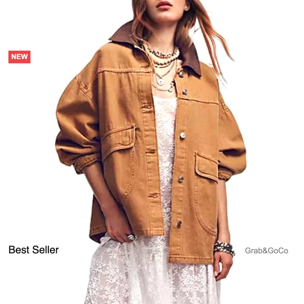 Oversized Denim Barn Jacket Retro Y2K Chic Button Down Big Pockets - Picture 4 of 7